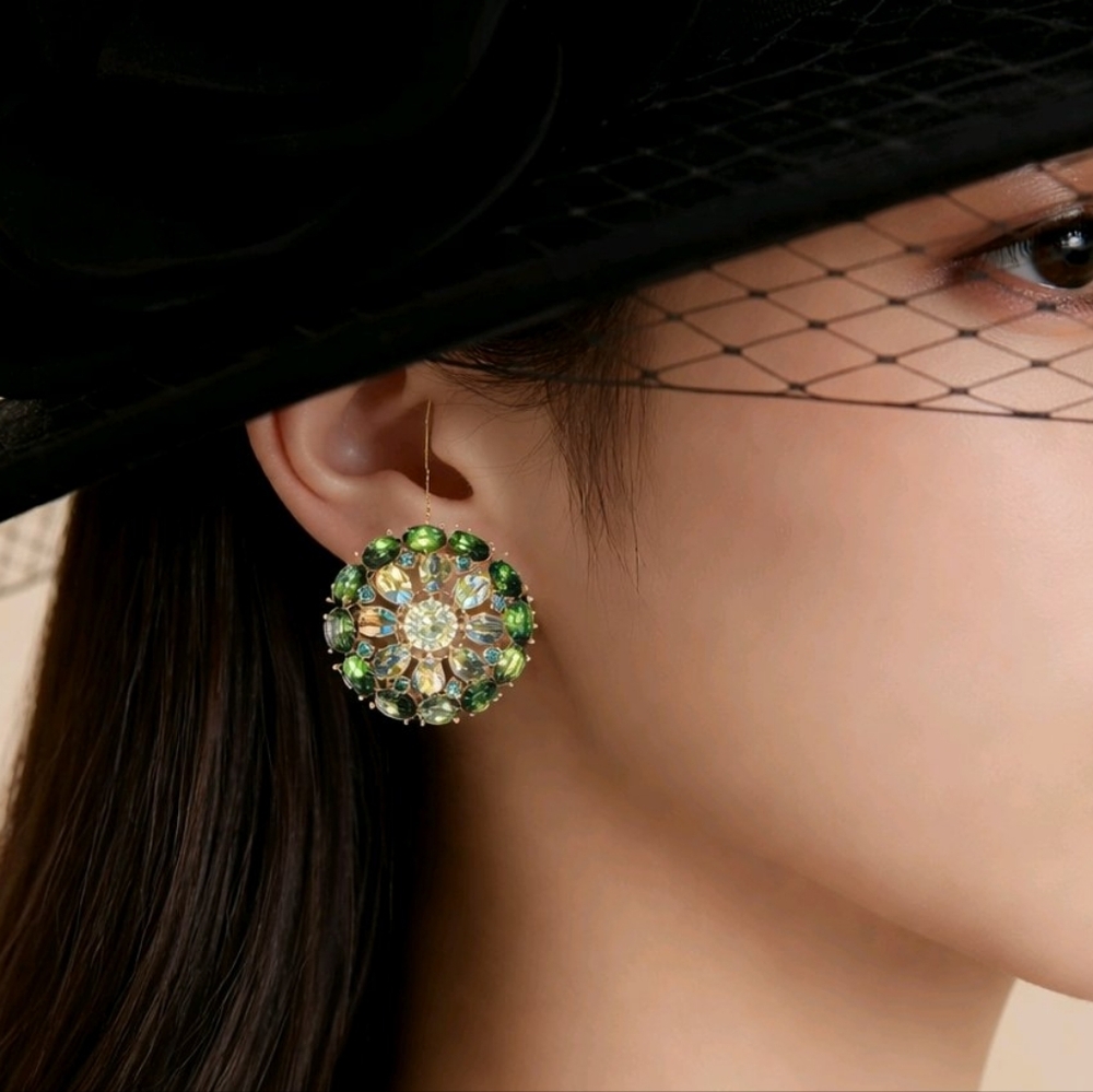 Vintage Crown Trifari Green AB Rhinestone Earrings Converted Wing Rack Clips